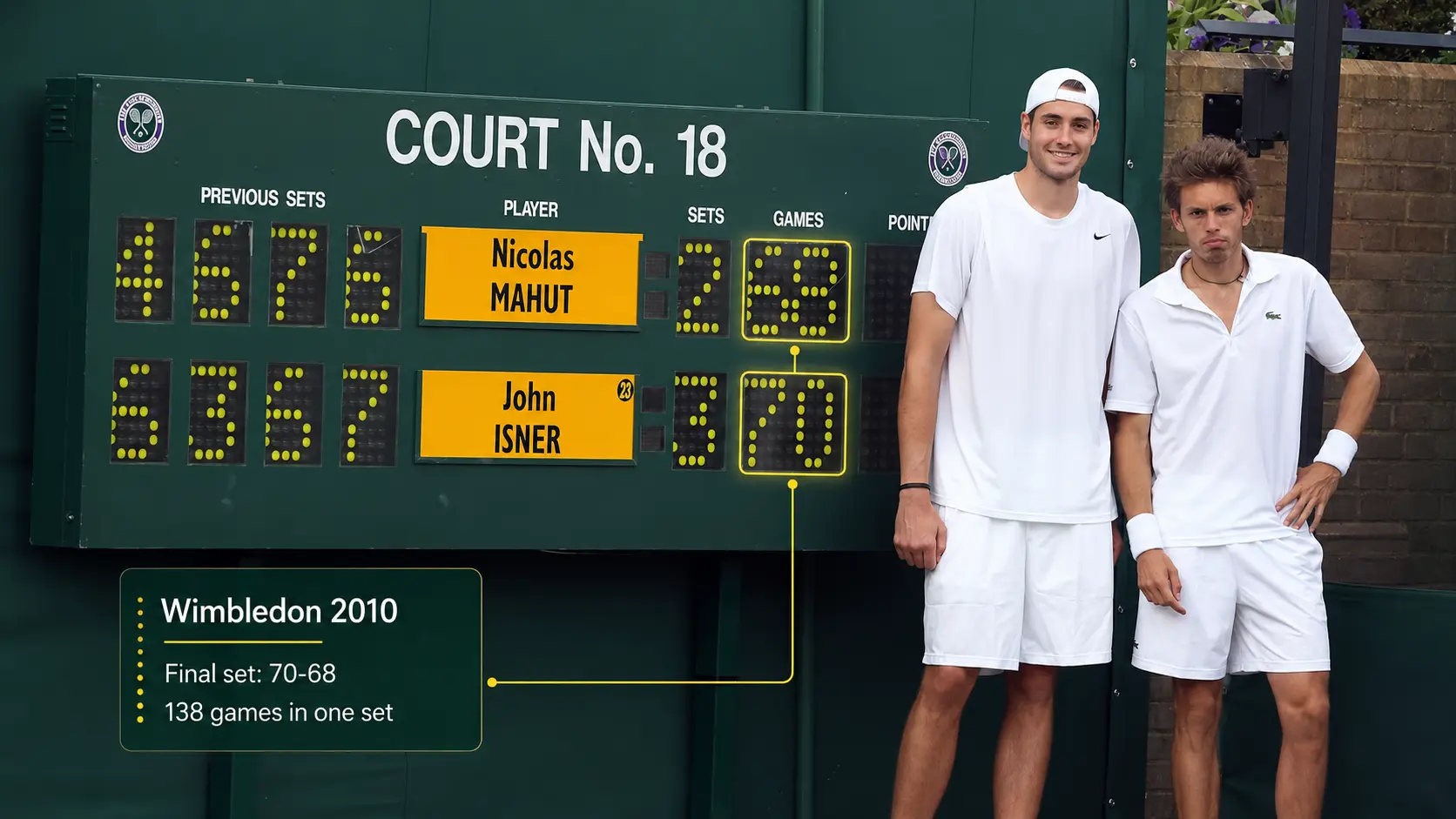 Marcador de Wimbledon 2010 mostrando el quinto set 70-68 entre John Isner y Nicolas Mahut