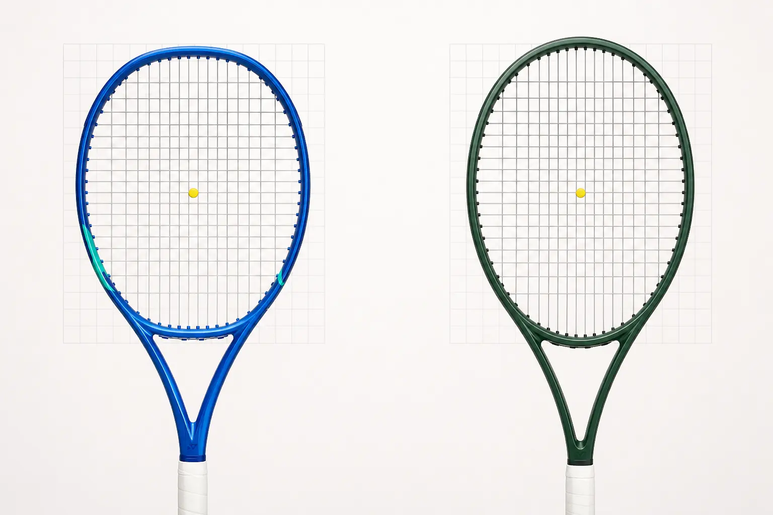 Comparación frontal y a igual escala entre un aro Yonex ISOMETRIC y un aro oval convencional sobre una cuadrícula.