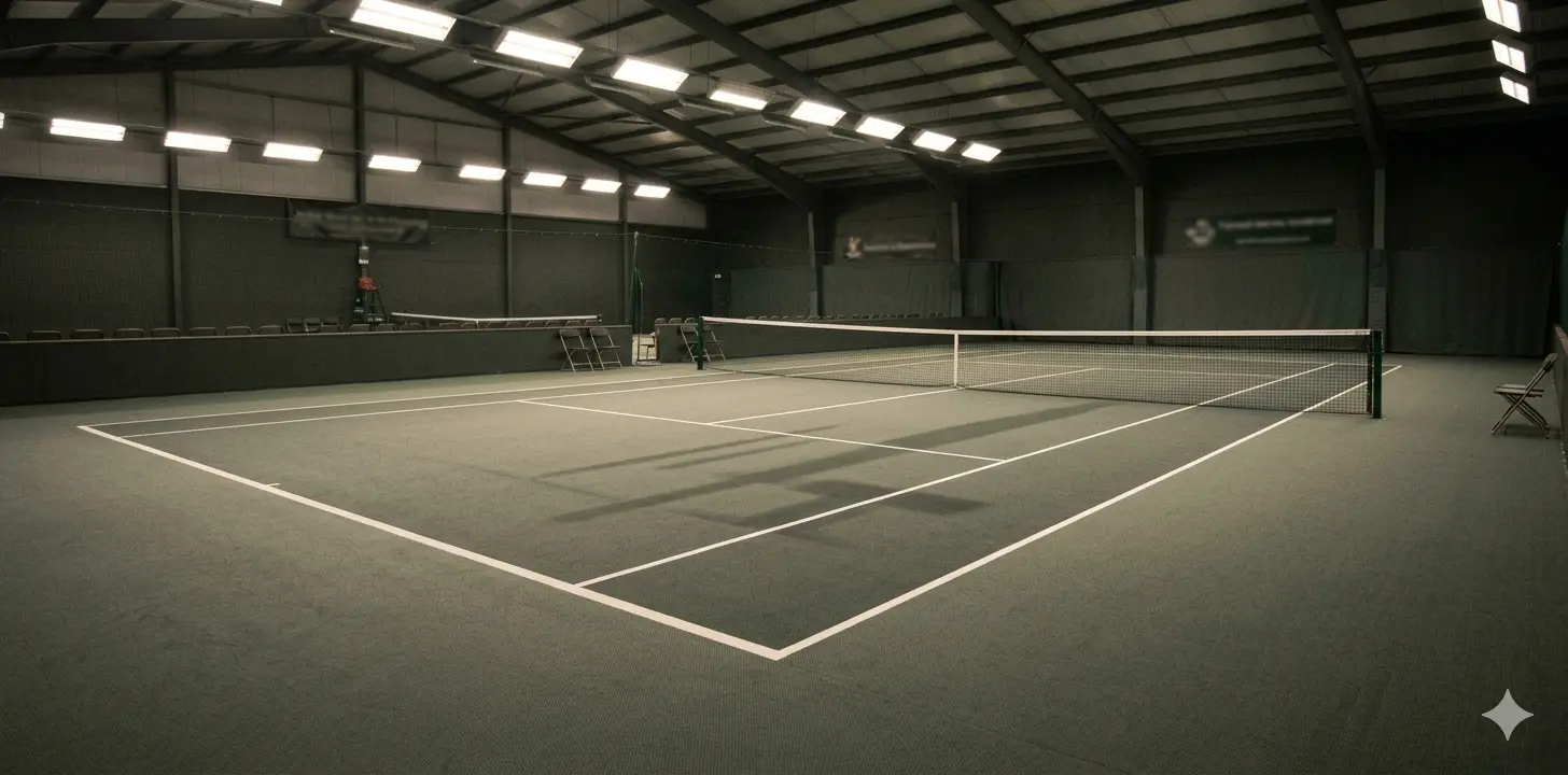 Pista de tenis interior con superficie de moqueta bajo iluminación artificial de focos industriales, ambiente nostálgico de los años 90-2000