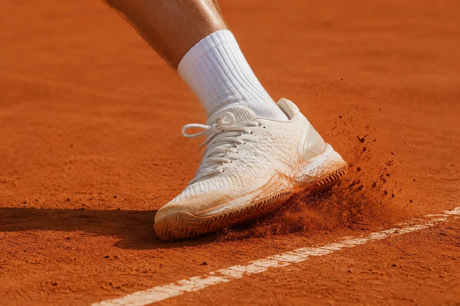 Zapatilla de tenis deslizando sobre tierra batida con polvo rojo y marca de frenada lateral