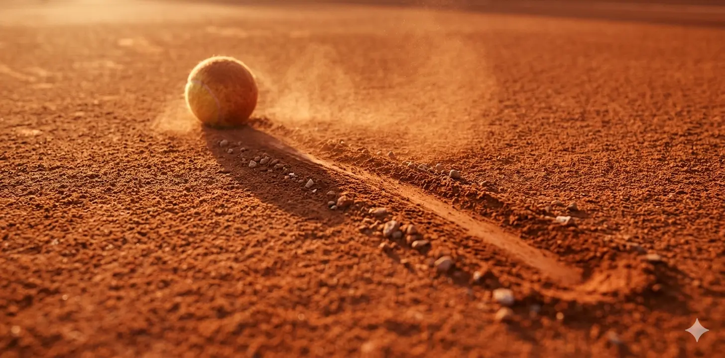 Primer plano a nivel del suelo de una pista de tierra batida con marcas de deslizamiento y una pelota de tenis cubierta de polvo rojo bajo luz dorada