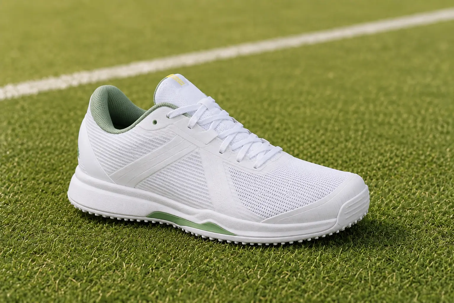 Zapatilla blanca de tenis para hierba sobre cesped corto con pequenos tacos visibles en la suela