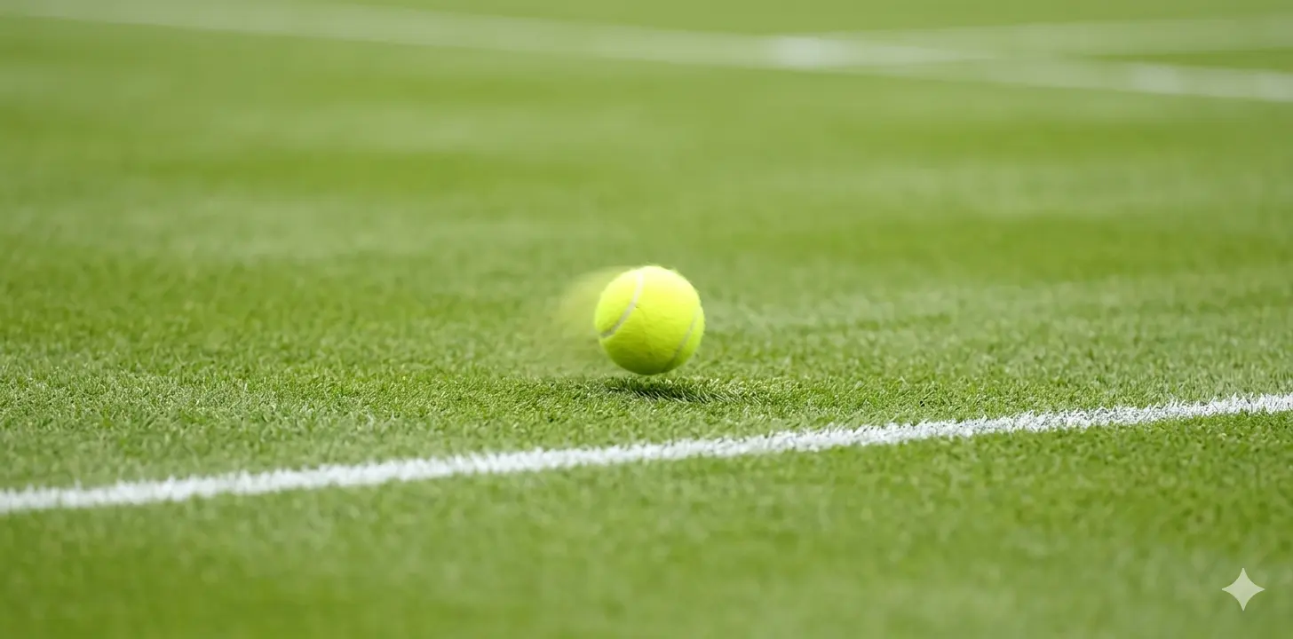 Pelota de tenis rebotando a baja altura sobre césped de hierba natural perfectamente cortado con línea blanca visible, estilo Wimbledon