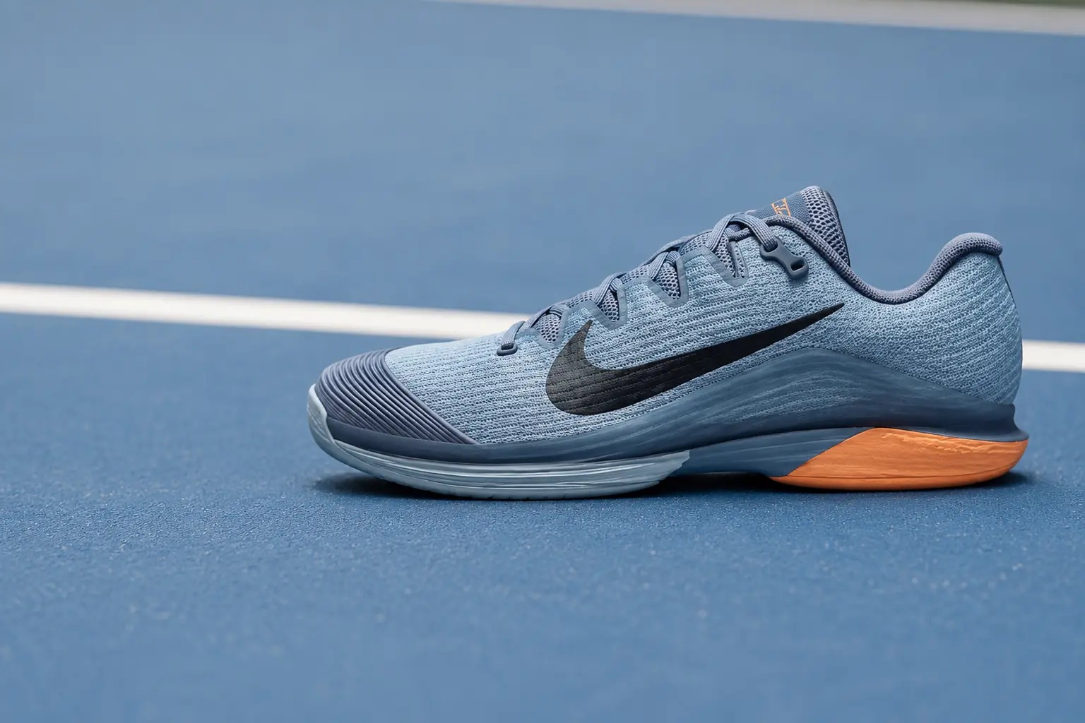 Zapatilla de tenis sobre pista dura azul mostrando zonas reforzadas de puntera, lateral y suela
