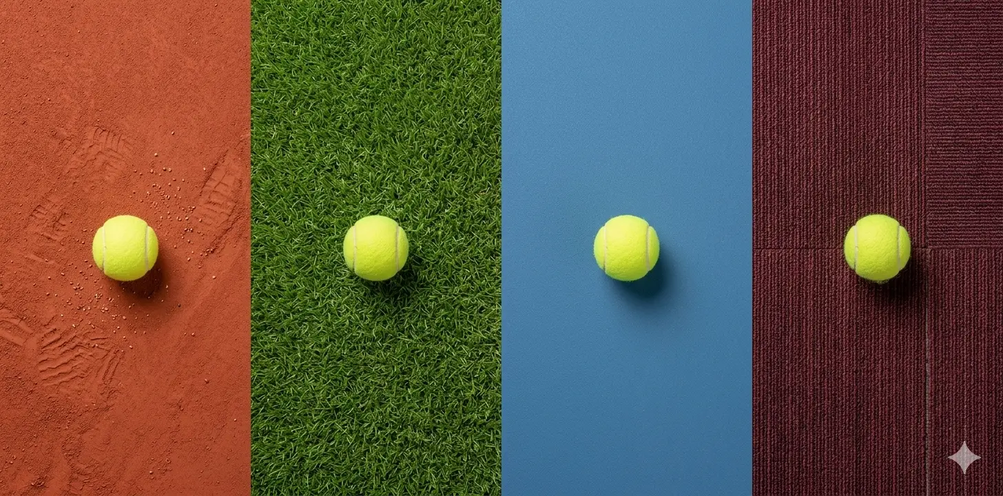 Comparación visual de las cuatro superficies de tenis — tierra batida roja, hierba verde, pista dura azul y moqueta — en franjas verticales con una pelota de tenis sobre cada una